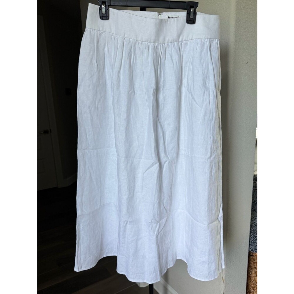 Reformation White Flowy Linen Maxi Skirt with Gathered Waist 12 Callout